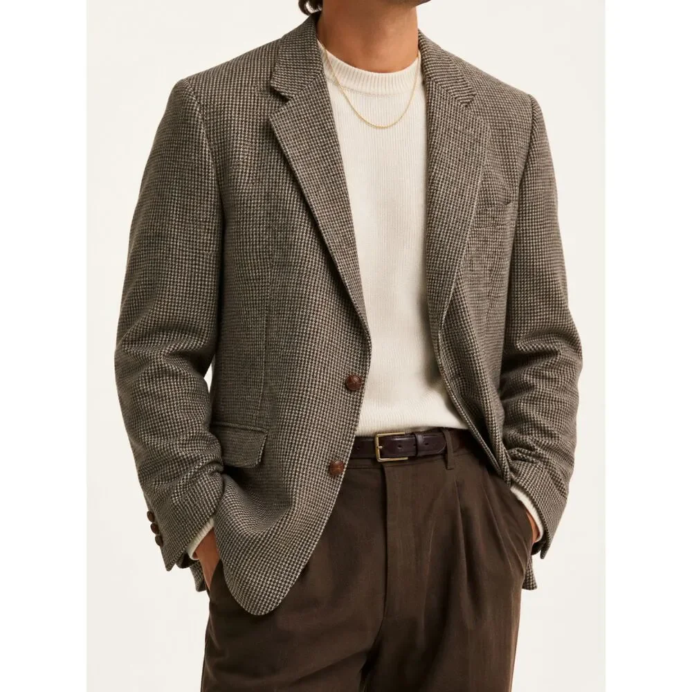 Vintage Stafford 44L 100% Wool Houndstooth Blazer USA Made Brown Sport Coat Fall